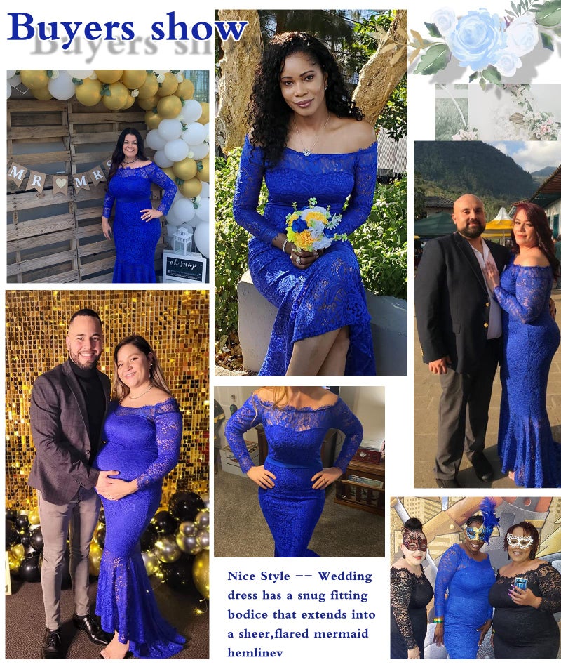 LALAGEN Women's Floral Lace Long Sleeve Off Shoulder Wedding Mermaid Dress Blue XL - Image 3